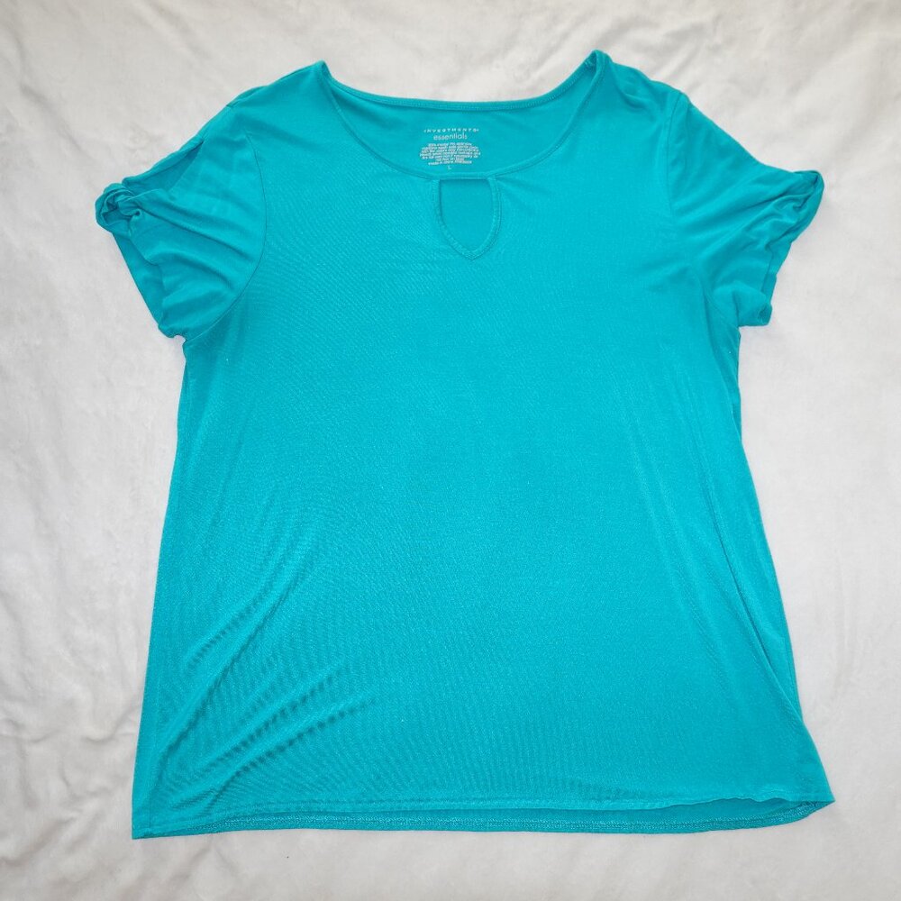 Women's Size Large Green Keyhole Short Sleeve Top with Slit and Twists